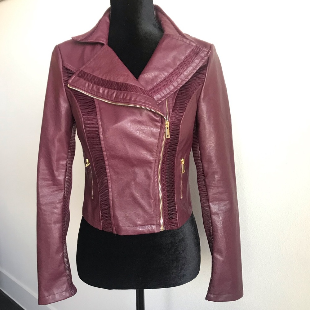 Burgundy Mesh Moto Leather Jacket
